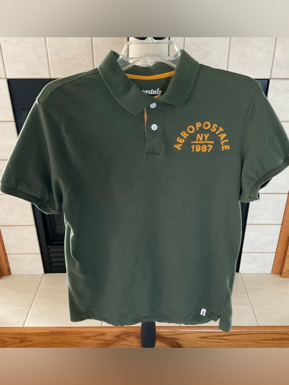 Aeropostale Olive Green Polo Shirt, Embroidered Lettering in Gold, Men’s Sz L